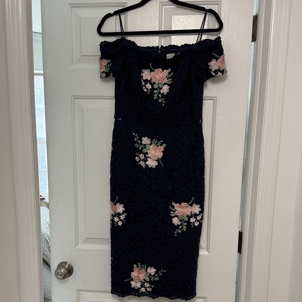 Nicole Miller Navy and Pink Floral Lace Midi Dress